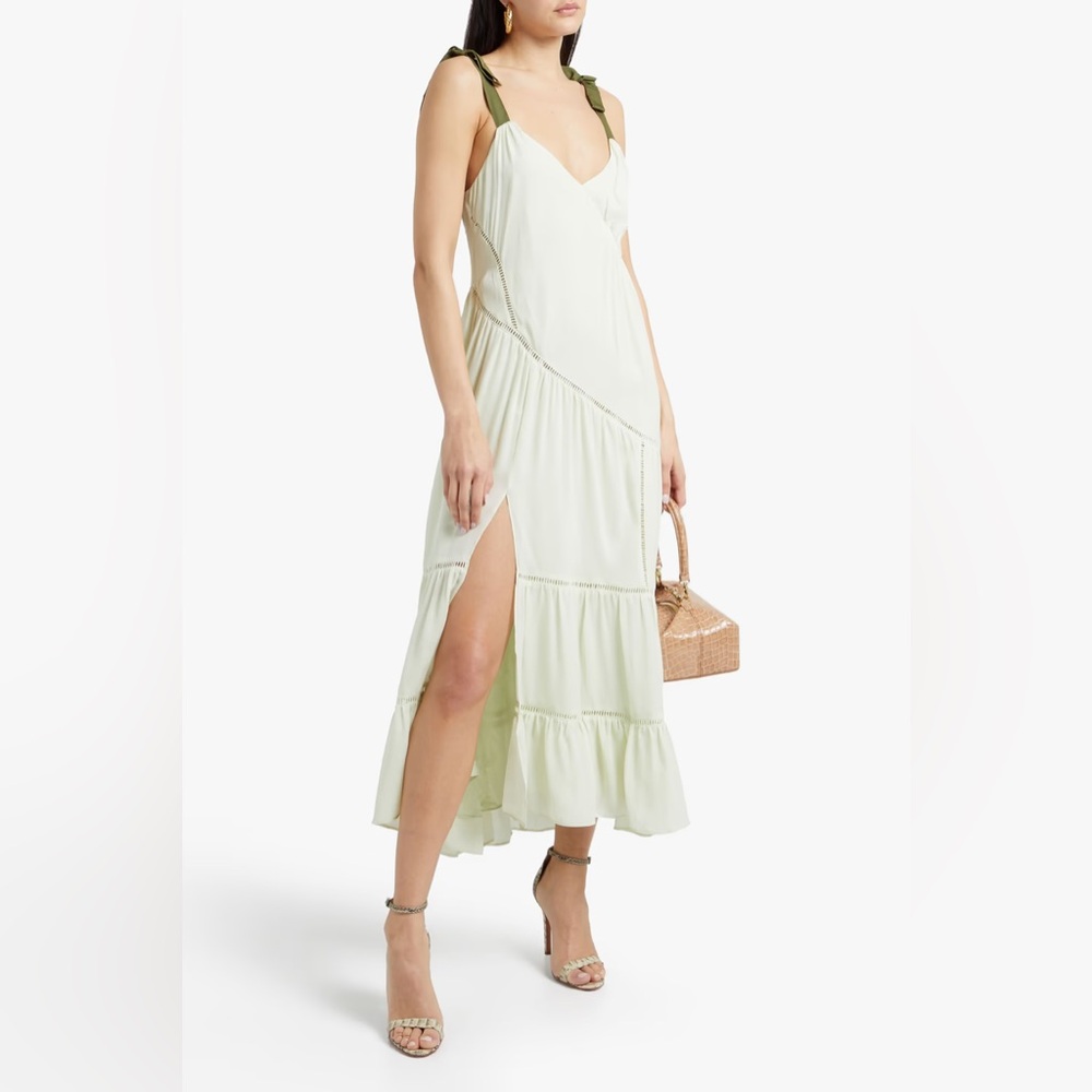 Cinq à Sept Tiered Maxi Dress Sage Green Tie Shoulder Boho Resort Wedding size 4